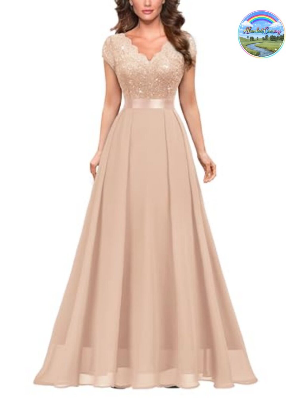 Miusol V-Neck Sequined Floral Lace Formal Evening Maxi Dress